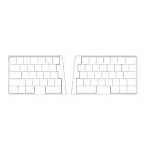 A minimalist line drawing diagram illustrating the compact split mechanical keyboard layout for the ElimKeys Elytra, showing the key arrangement and ergonomic spacing.