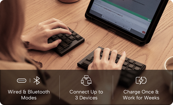 A marketing feature banner for the black ElimKeys Elytra split mechanical keyboard. The top half shows a woman typing at a wooden desk with a tablet. The bottom overlay features three icons and text: "Wired & Bluetooth Modes," "Connect Up to 3 Devices," and "Charge Once & Work for Weeks," highlighting its wireless versatility and long battery life.