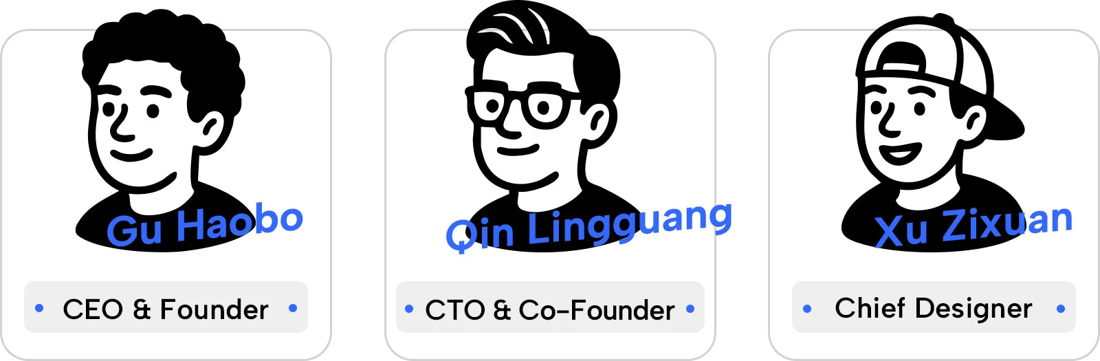 An illustrated team section for ElimKeys featuring the three core members: Gu Haobo (CEO & Founder), Qin Lingguang (CTO & Co-Founder), and Xu Zixuan (Chief Designer).