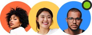 A set of three diverse customer avatars in colorful circular frames, used for the ElimKeys Elytra "Happy Users" or "Customer Testimonials" section.