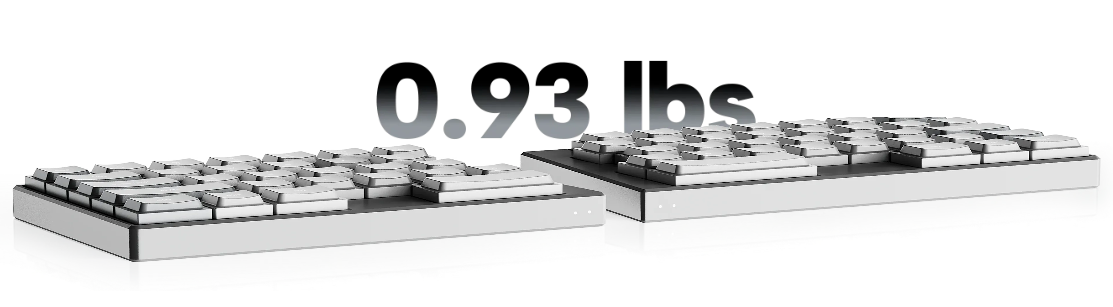 Promotional image of the ElimKeys Elytra split mechanical keyboard highlighting its ultra-lightweight design of only 0.93 lbs, featuring silver aluminum housing and white keycaps.